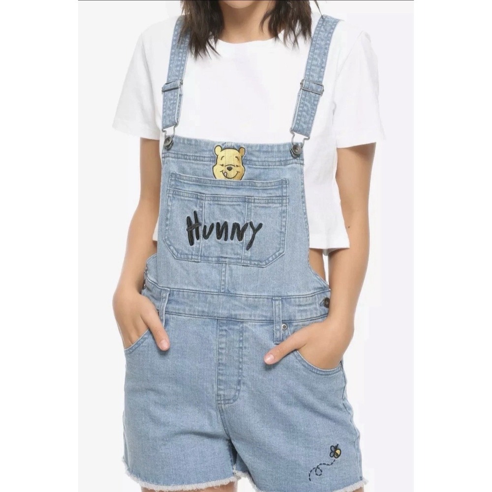 Disney Winnie The Pooh Hunny Embroidered Denim Shortalls Womens Size L Overalls